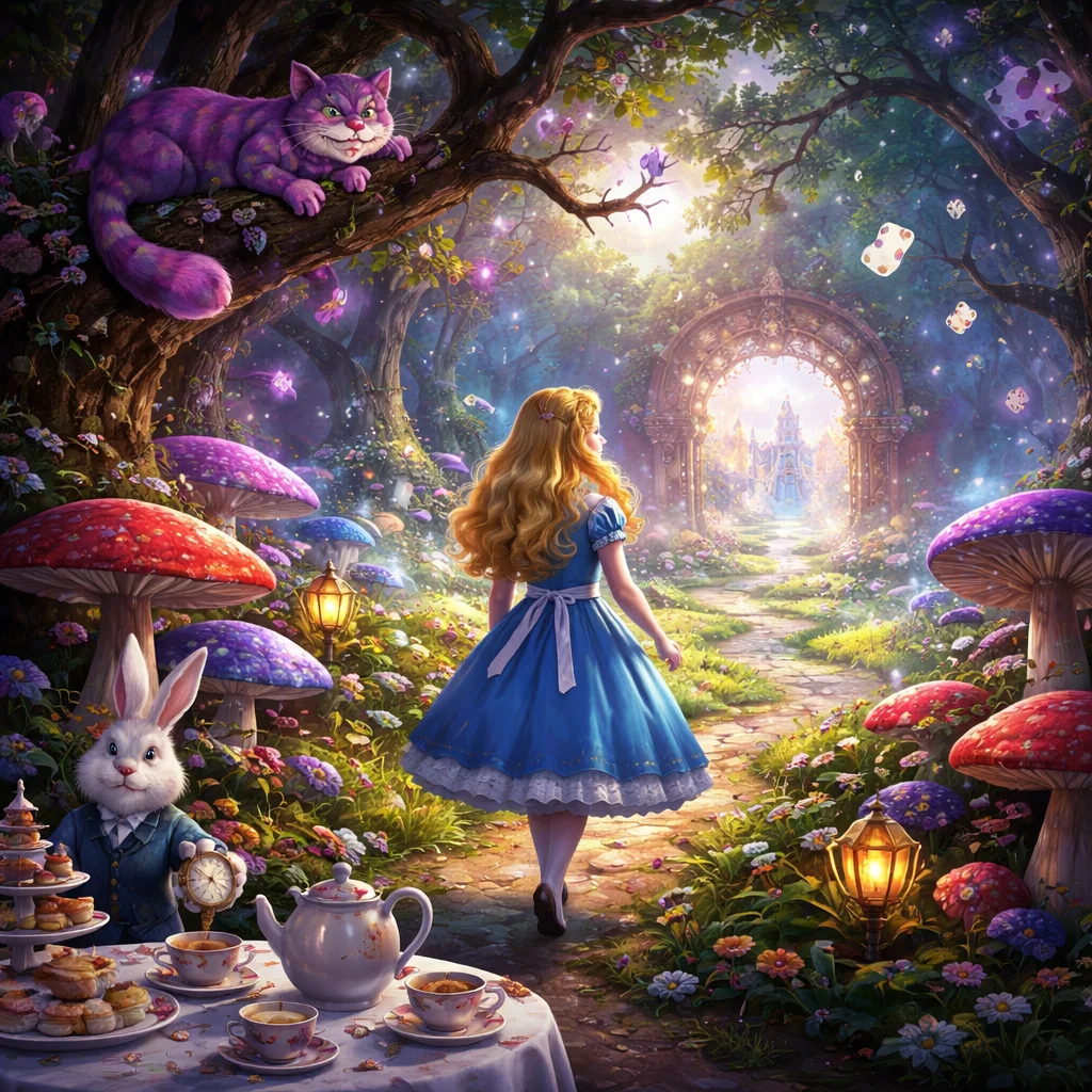 Joven en vestido azul en un bosque encantado