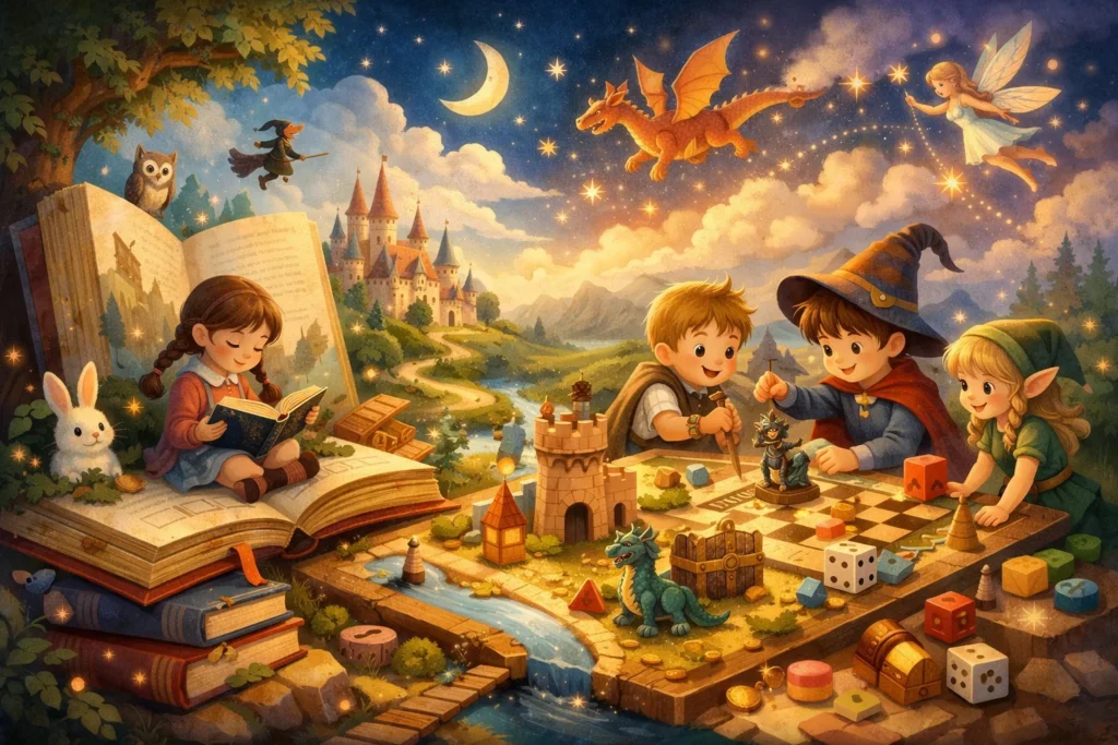 Ilustración de fantasía con elementos mágicos en narrativas educativas