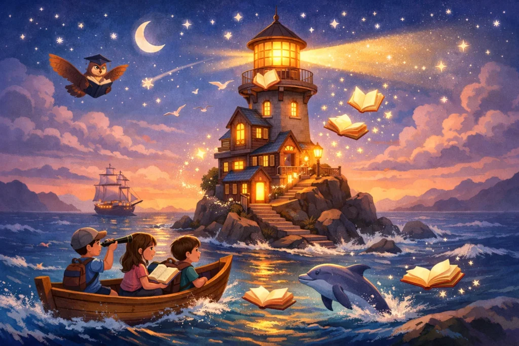 Escena de un faro mágico iluminando el camino de jóvenes en un entorno de lectura escolar