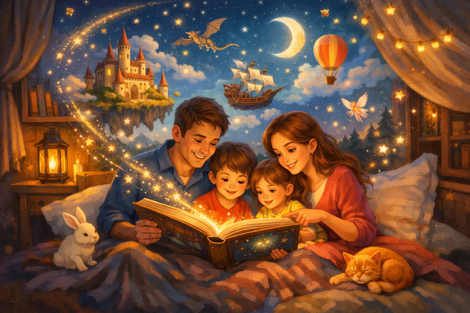 Familia leyendo juntos en un mundo mágico