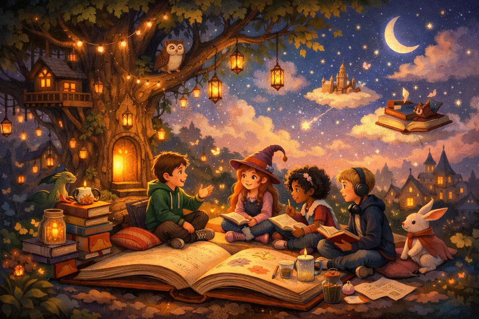 Escena de un bosque encantado con jóvenes leyendo