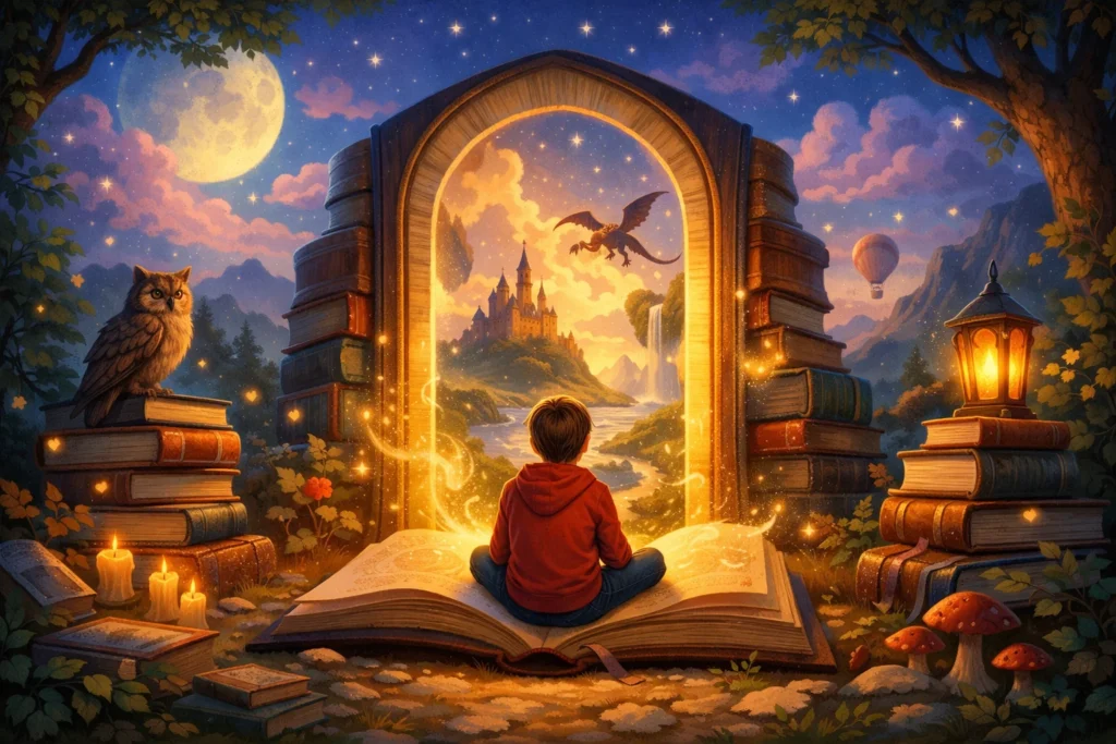 Escena mágica de fantasía con paisajes de cuento, sin texto