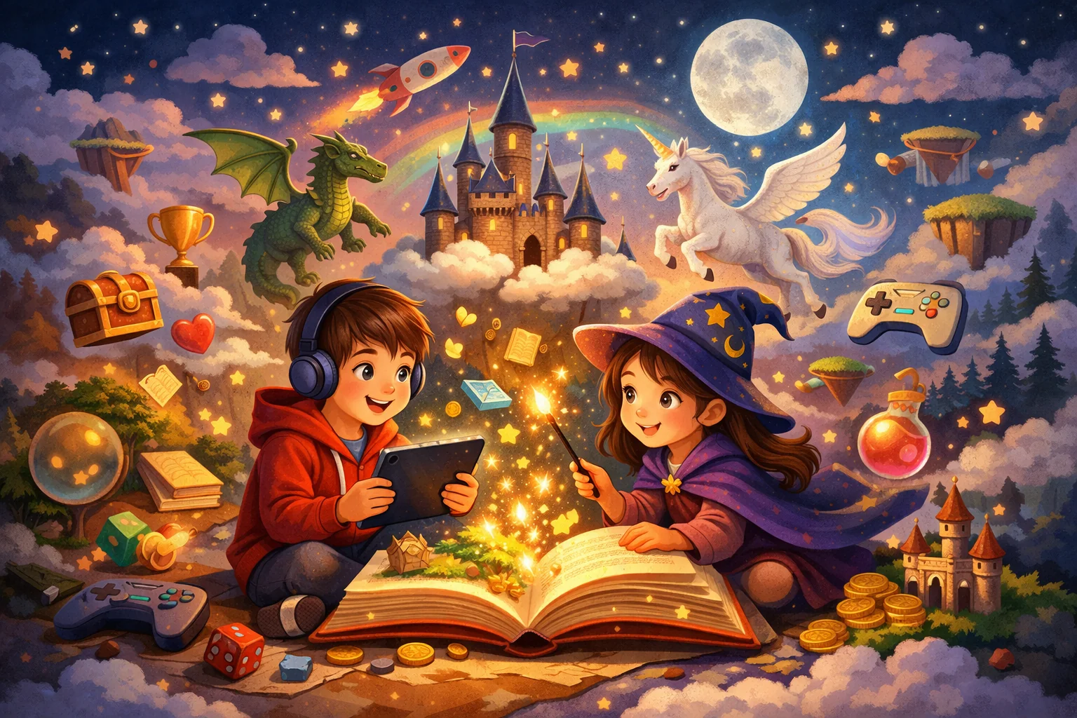 Paisaje de cuento infantil con elementos mágicos y de gamificación