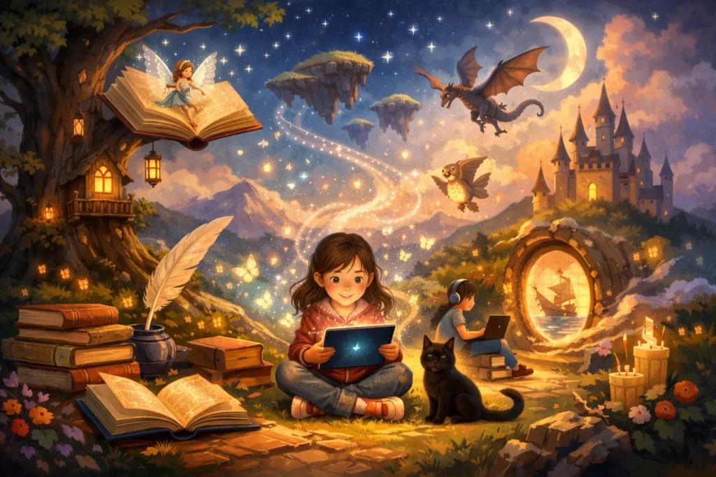 Paisaje de cuento infantil con fantasía y magia