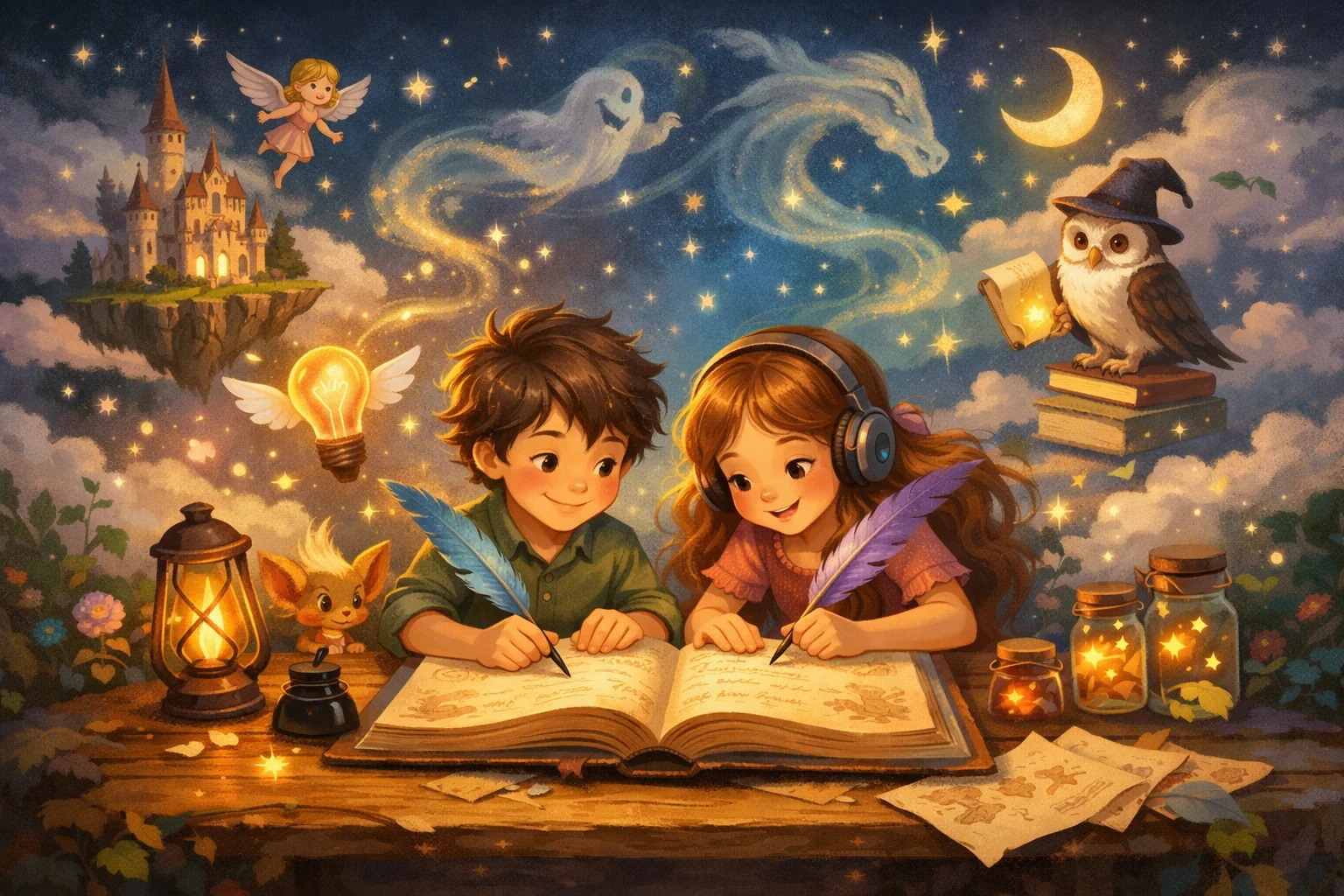 Bosque mágico con niños colaborando en escritura