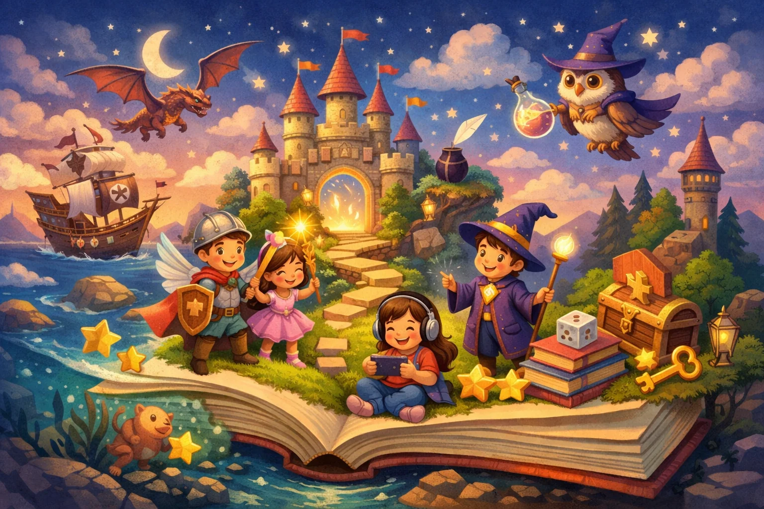 Paisaje de fantasía con criaturas mágicas en gamificación