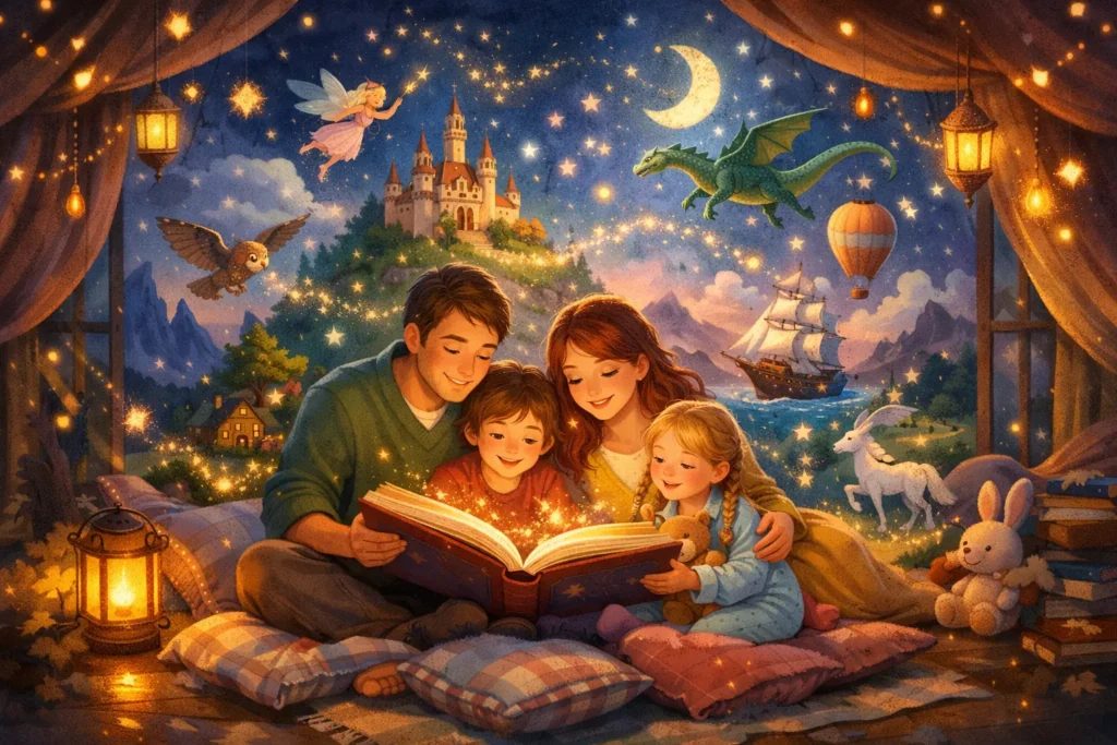 Escena mágica de un bosque encantado con libros flotantes, simbolizando la lectura en familia
