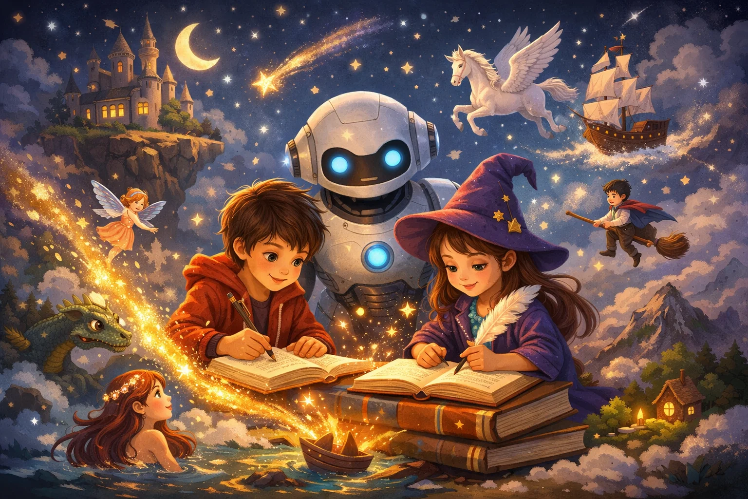 Bosque encantado con luces y magia, inteligencia artificial