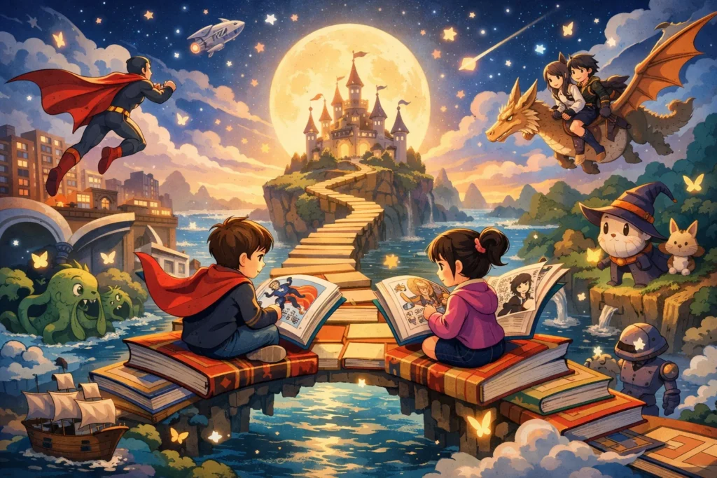 Un bosque vibrante con criaturas fantásticas y personajes de cómics