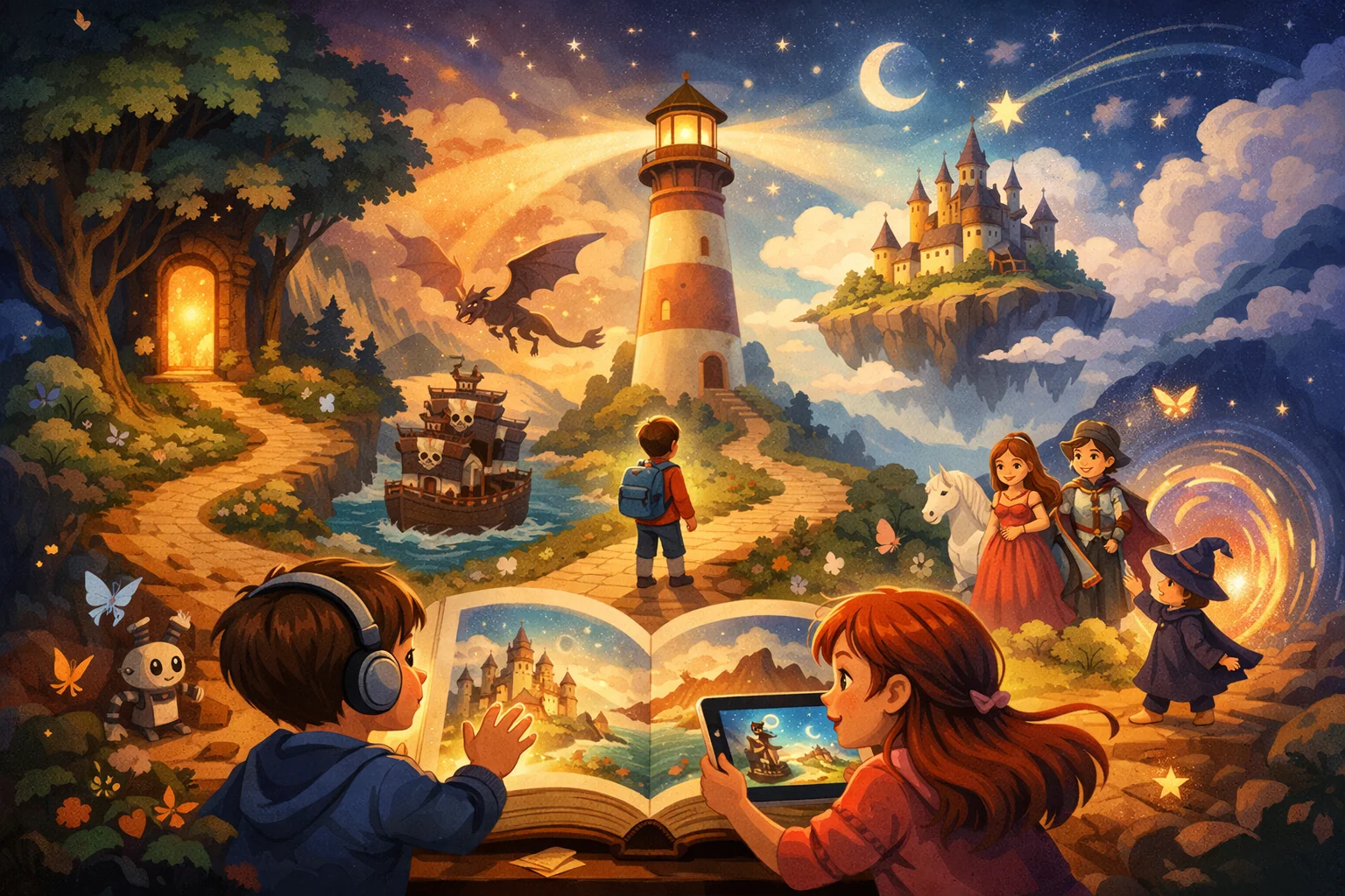 Escena mágica con elementos fantásticos que simbolizan narrativas interactivas